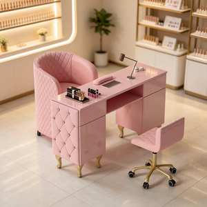 Perlengkapan Salon Kecantikan Modern Meja Manikur Kayu <span class=keywords><strong>Pink</strong></span> Set Kursi Mewah Kursi Tunggal Kulit Meja Kuku untuk Dijual - Product Image 1