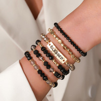 Boho Design 2025 piles 6 pièces perles de verre métalliques Stretch plaqué or gravé mots bénis Bracelets ensemble bijoux