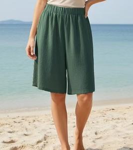 Beige Cotton Bermuda Shorts <b>Elastic</b> Waist Loose Fit Mid Rise Casual Women's Shorts - Product Image 4