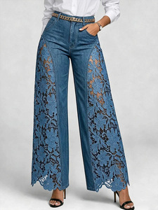 Jean large taille haute en denim floral ajouré avec empiècements en dentelle pour <span class=keywords><strong>femme</strong></span>, style Coquette, Vente en gros - Product Image 1