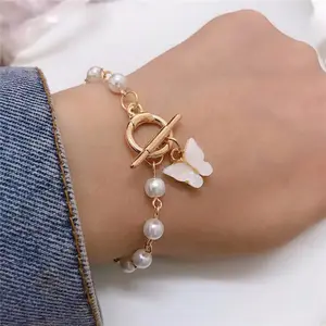 2021 Best Selling Gold Silver Luxury Beaded Link Chain Pearl Bracelet With Butterfly Charms For Women Girls