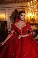 Robes de mariée arabes scintillantes en dentelle rouge magnifiques de Dubaï 2026, robes de mariée à manches longues, Vestido De Novia, robes personnalisées