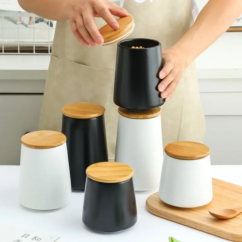 Bộ của 3 Nordic Tea Caddy đồ dùng nhà bếp Đường Cà Phê Trà gốm Canister Set với nắp tre