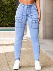 Jean skinny pour femme, taille haute, longueur intégrale, denim délavé, avec poches, style vintage, pour le printemps - Product Image 3