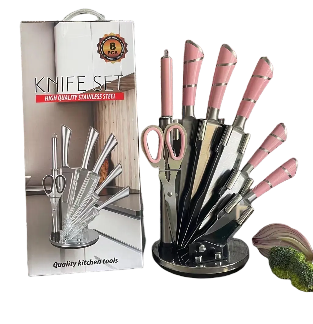 Fabrik Großhandel Professional Hohl griff Küchenchef Messer 9PCS rosa Edelstahl Messer Set mit Block