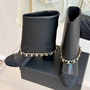 Botas de Mujer de Diseño de Lujo, Punta Redonda, Cuero Genuino, Tacón Grueso, Malla Vaquera, Cadena Metálica, Tacón Alto a Media Pierna - Product Image 6