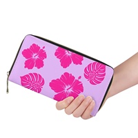 Dompet Wanita Panjang dengan Ritsleting, Bahan Kulit PU, Motif Daun Hibiscus dan Monstera Tropis yang Cerah, Dilengkapi Tempat Kartu