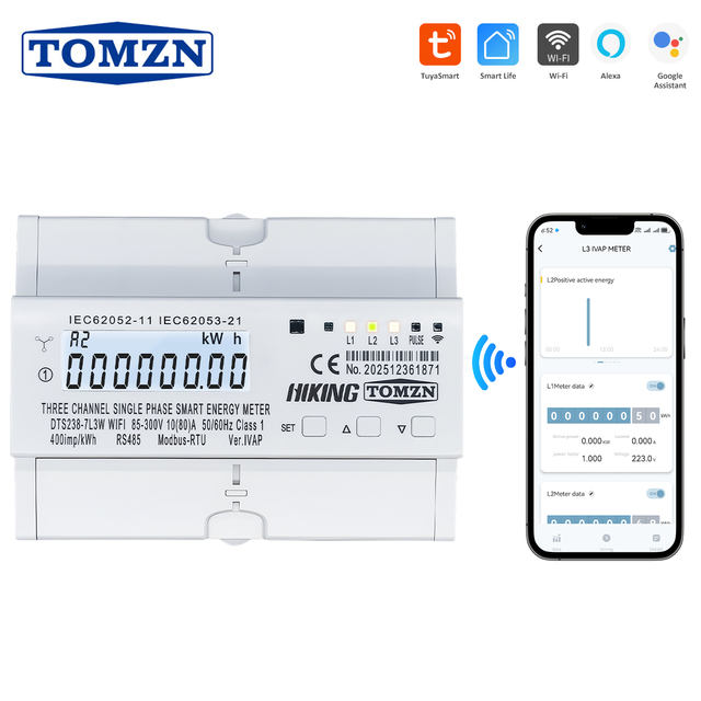 TOMZN WIFI Three Circuit Single Phase Energy Meter DTS238-7L3W 10(80)A 85-300V 50/60Hz kWh Watt Hour LCD RS485 Modbus-RTU Class1
