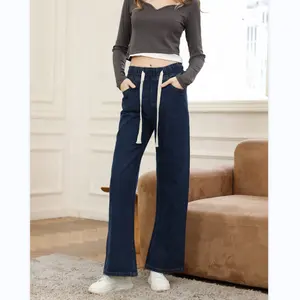 Pantalon bleu foncé à taille élastique européen et américain pour femmes Pantalon en jean décontracté à coupe droite et ample pour dames