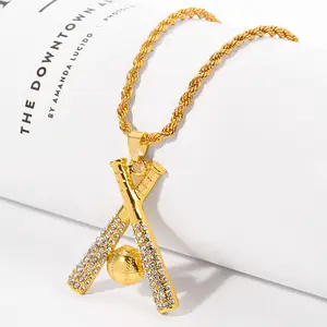 Iced Out Visionary Design Twisted Jewelry Neck Alloy Strand Inlay CZ Zircon All Gold Plated Baseball Bat Pendant Necklace