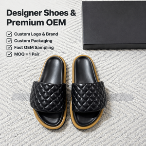 2026 Luxury Designer Shoe Women High Quality Leather Quilted Slides All Black Tan Gum Sole Flat Open Toe Casual Summer Gold <b>Lock</b> - Product Image 1