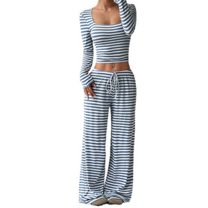 Conjunto Casual de Pantalones Anchos de Cintura Alta con Cuello Cuadrado y Rayas <span class=keywords><strong>para</strong></span> Mujer, Conjunto de Pantalones a Rayas Sólidas - Product Image 5