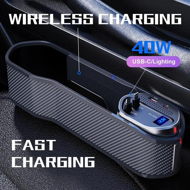 Car Supplies Wireless Charging Car Seat Gap Organizer With 40W USB-C/ Lightning Fast Charge Cable Center Console Storage Box
