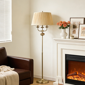 Vintage Style Brass Floor Lamp Gold fabric Standing <b>Light</b> Tall <b>Pole</b> Lamp Floor Lighting for Luxury Mansion Living Room - Product Image 2