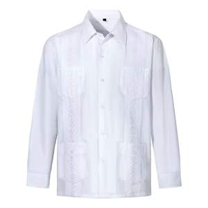 Camicie da <span class=keywords><strong>uomo</strong></span> in cotone poliestere messicane con bottone Casual a maniche lunghe <span class=keywords><strong>camicia</strong></span> da sposa da <span class=keywords><strong>spiaggia</strong></span> con 4 tasche - Product Image 2