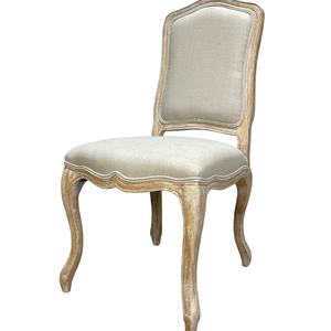 Chaise de salle à manger classique française en bois rembourrée de lin, sculptée, style antique, chaises de salle à manger modernes du milieu du siècle - Product Image 1