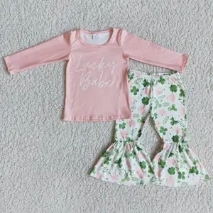 Lucky babe spring wholesale st patrick day kids clothing outfits children's fancy clothes sets boutique baby suits