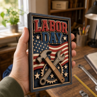 Art mural pour la fête du travail, 5x7 pouces |   Drapeau 3D en contreplaqué peuplier multicouche motif marteau et clé |   CPSC |   Décoration patriotique pour bureau, décoration en bois