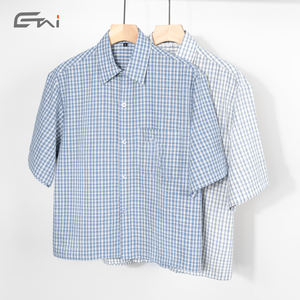 <span class=keywords><strong>Camicia</strong></span> Estiva Casual con Logo Personalizzato, Maniche Corte in Tessuto <span class=keywords><strong>Seersucker</strong></span> a Quadri, Vestibilità Corta e Squadrata con Bottoni per Uomo - Product Image 1