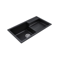 Évier de cuisine en granit composite pour salle de bain, 22 pouces, en pierre de quartz, à cuve unique, à deux trous, à poser en surplomb, noir mat
