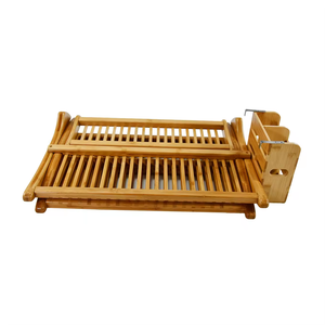 Support d'assiettes de cuisine en bambou pliable à 2 niveaux Armoires PC <span class=keywords><strong>Égouttoir</strong></span> d'évier à un niveau Plateau de rangement pour le séchage Organisateur de présentation - Product Image 4