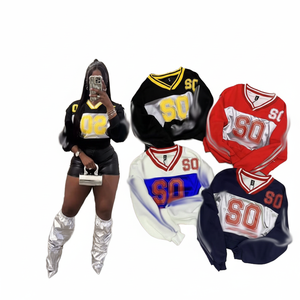 Sweat-shirt à col en V sur le thème du football américain de qualité supérieure Style sportif lettres rayées imprimer automne ample décontracté à la mode court - Product Image 1