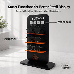 Espositore Verticale Nero a 3 Livelli per Occhiali con Dettagli <span class=keywords><strong>Arancioni</strong></span>, Scaffali Funzionali, Pannello Posteriore Iconico, Design Compatto per Bancone - Product Image 2