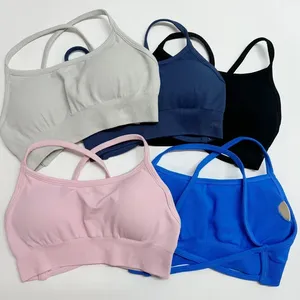 Soutien-gorge de sport sans dos personnalisé avec logo pour femme, bretelles croisées, soutien-gorge de yoga sans couture, OEM/ODM, haut court rembourré pour la gym, extensible, fitness - Product Image 2
