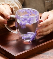 Tasse à double paroi 350 ml avec poignée pour fleurs séchées, verre transparent pour jus de fruits, tasse à thé, tasse à café expresso résistante à la chaleur, verre à vin
