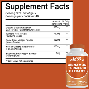Complément alimentaire à base <span class=keywords><strong>de</strong></span> plantes pour la santé du sucre dans le <span class=keywords><strong>sang</strong></span>, antioxydant pour adultes, soutenu par l'OEM/ODM, extrait <span class=keywords><strong>de</strong></span> cannelle <span class=keywords><strong>de</strong></span> Ceylan biologique, curcuma, capsules molles - Product Image 2