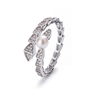 Copper <b>Snake</b> Shape CZ Pave Freshwater Pearl <b>Ring</b> Serpent Open Adjustable Luxury Pearl Jewelry for Women Party Gift - Product Image 1
