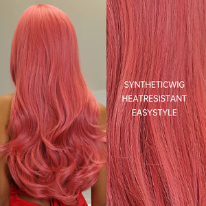Precio al por mayor de fábrica, pelucas rojas y rosas, pelos ondulados sintéticos de Cosplay naturales largos con <span class=keywords><strong>flequillo</strong></span>, peluca falsa ondulada resistente al calor - Product Image 5