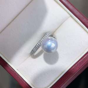 Adjustable Split Shank Edison Pearl <b>Ring</b> 10-11mm Strong Luster Round Pearl, <b>925</b> <b>Silver</b> Full Paved Zircon Stackable Pearl Jewelry - Product Image 2