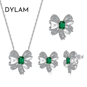 Dylam Dainty S925 Silver Rhodium Plated Elegance Emerald Green 5A Zirconia Bow Knot Stud Earrings Necklaces Rings Jewelry Set