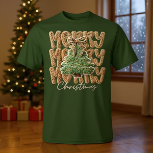 T-shirt con fiocco natalizio verde, design festivo - Product Image 3