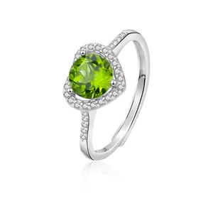 925 Sterling Silver Luxury Diamond Engagement Wedding Peridot Shiny Green Heart Shape Gemstone Ring