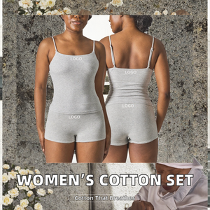 Ensemble de loisirs 2 pièces pour femme : débardeur en coton uni à taille élastique avec logo frontal et shorty – SK1321&SK1232-1 - Product Image 2
