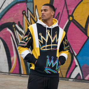 <span class=keywords><strong>Sudadera</strong></span> con Capucha para Hombre, Diseño de Corona con Estampado de Grafiti, Color Principal Negro, Bloques de Color Amarillo/Blanco, Estilo Urbano, <span class=keywords><strong>Sudadera</strong></span> de Algodón, OEM ODM - Product Image 3