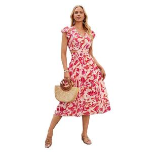 Estate nuova stagione stampa floreale rossa elegante bella stampa su tutta la stampa croce elastico ritagliato in vita da donna - Product Image 1