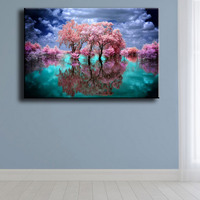 Peinture au diamant artisanale Ever Moment, paysage de lac avec arbre rose en reflet, artisanat 3F682