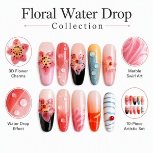 Uñas Postizas Acrílicas 3D con Diseño de Flores y Mariposas, Uñas Postizas Pre-Diseñadas, Largas, Estilo Stiletto, Almendradas, Cuadradas, para Salón de Belleza - Product Image 2