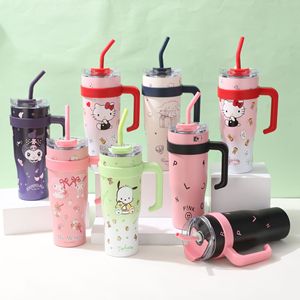 Tasse <span class=keywords><strong>Thermos</strong></span> en Gros Noir Rose en Acier Inoxydable, Grande Tasse à <span class=keywords><strong>Café</strong></span> <span class=keywords><strong>Isotherme</strong></span> avec Paille, Gobelet de 40oz avec Poignée pour Voyage en Voiture - Product Image 3