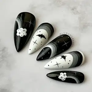 Senboma Groothandel Gothic Stijl Manicure Gel Nagel Persoonlijk Ontwerp Zwarte Kleur Lange Amandelpers Op Nagels