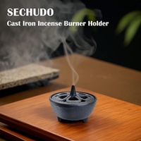 SECHUDO Petit brûleur d'encens en fonte, design bol, avec couvercle décoratif, noir, pour décoration intérieure, compatible avec cônes d'encens et cires parfumées en résine chinoise