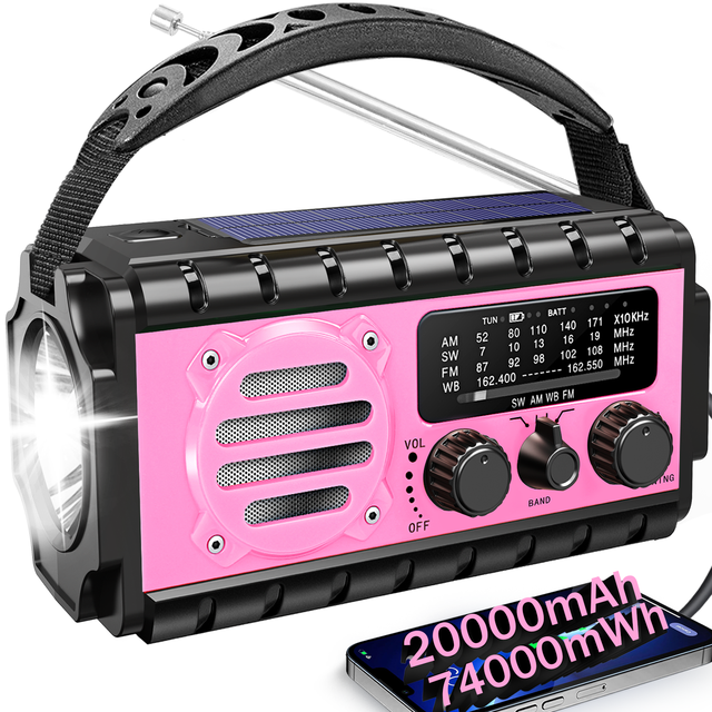 High Capacity 20000mah Portable Emergency Radio Flashlight Outdoor Hand Crank Solar Charge SW WB FM AM Internet Radio Plastic