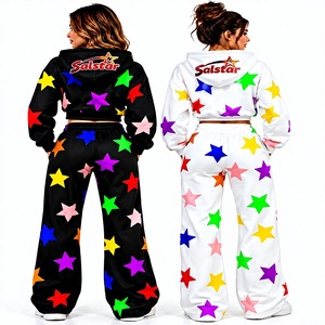 Women Star Print Oversized Hoodie Tracksuit Set Custom Sublimation <b>Jogger</b> Pants & <b>Cropped</b> Hooded Sweatshirt Wholesale Streetwear - Product Image 2