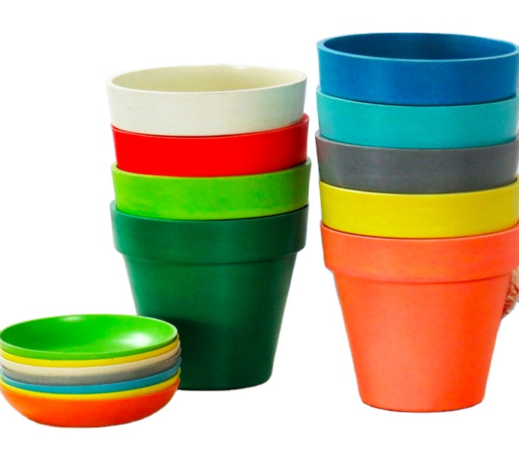 Amazon commercio all'ingrosso di Bambù buccia di Riso vaso di Fiori con stand vassoio, di Plastica vaso da giardino di fiori