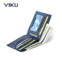 Dompet Kulit Asli Pria Pendek Biru YIKU Fashion Casual Slim, Tempat Kartu, Cocok untuk Perjalanan, Hadiah dengan Logo Custom