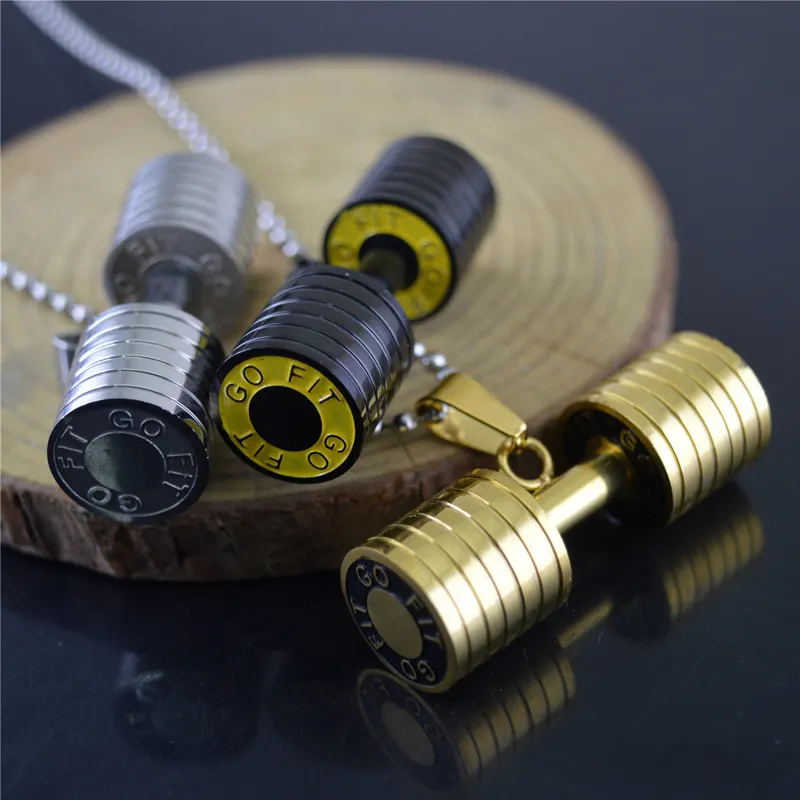 2021 Vintage Design Man Fitness Dumbbell Pendant Necklace Jewelry 18k Gold Stainless Steel Sports Dumbbell Necklace for Gift