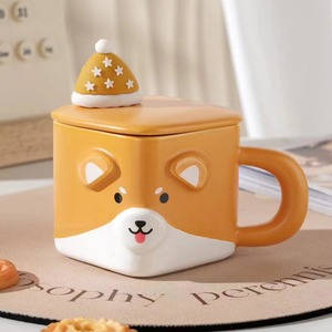 Tasse en céramique pour animaux de compagnie mignon dessin animé créatif tasse à eau domestique avec couvercle - Product Image 6